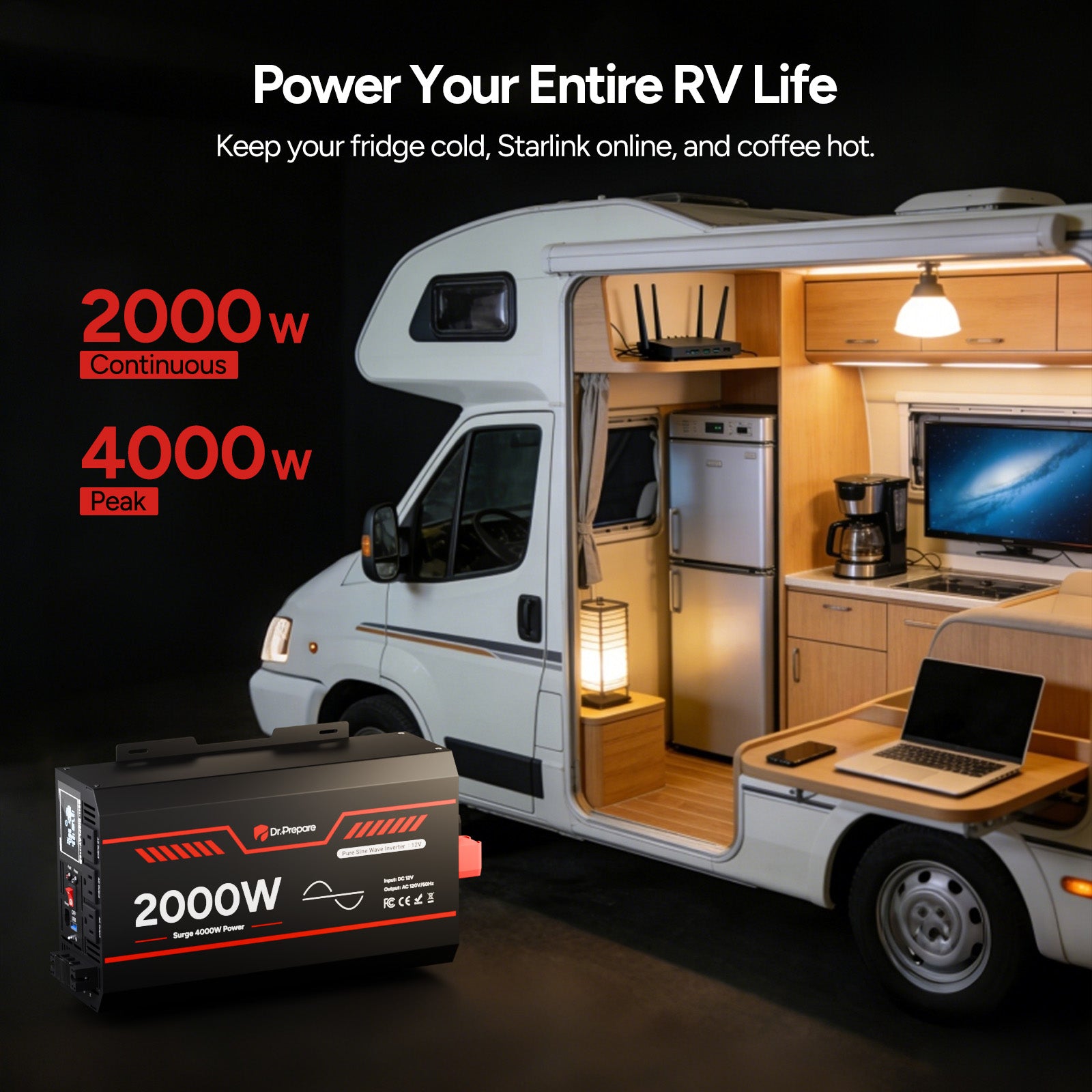 2000W 12V Pure Sine Wave Inverter with LCD Display and Wired Remote Control