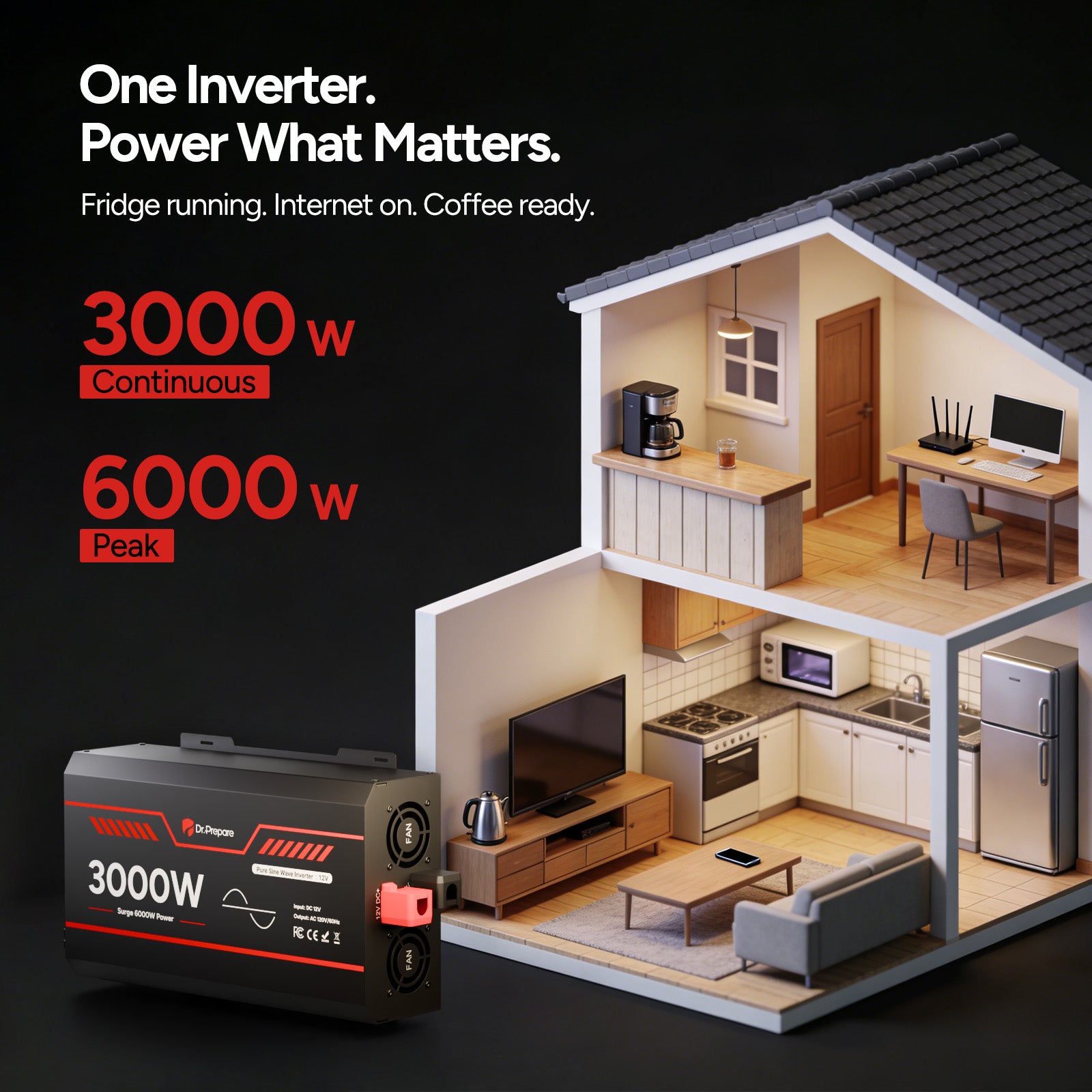 3000W 12V Pure Sine Wave Inverter with LCD Display and Wired Remote Control