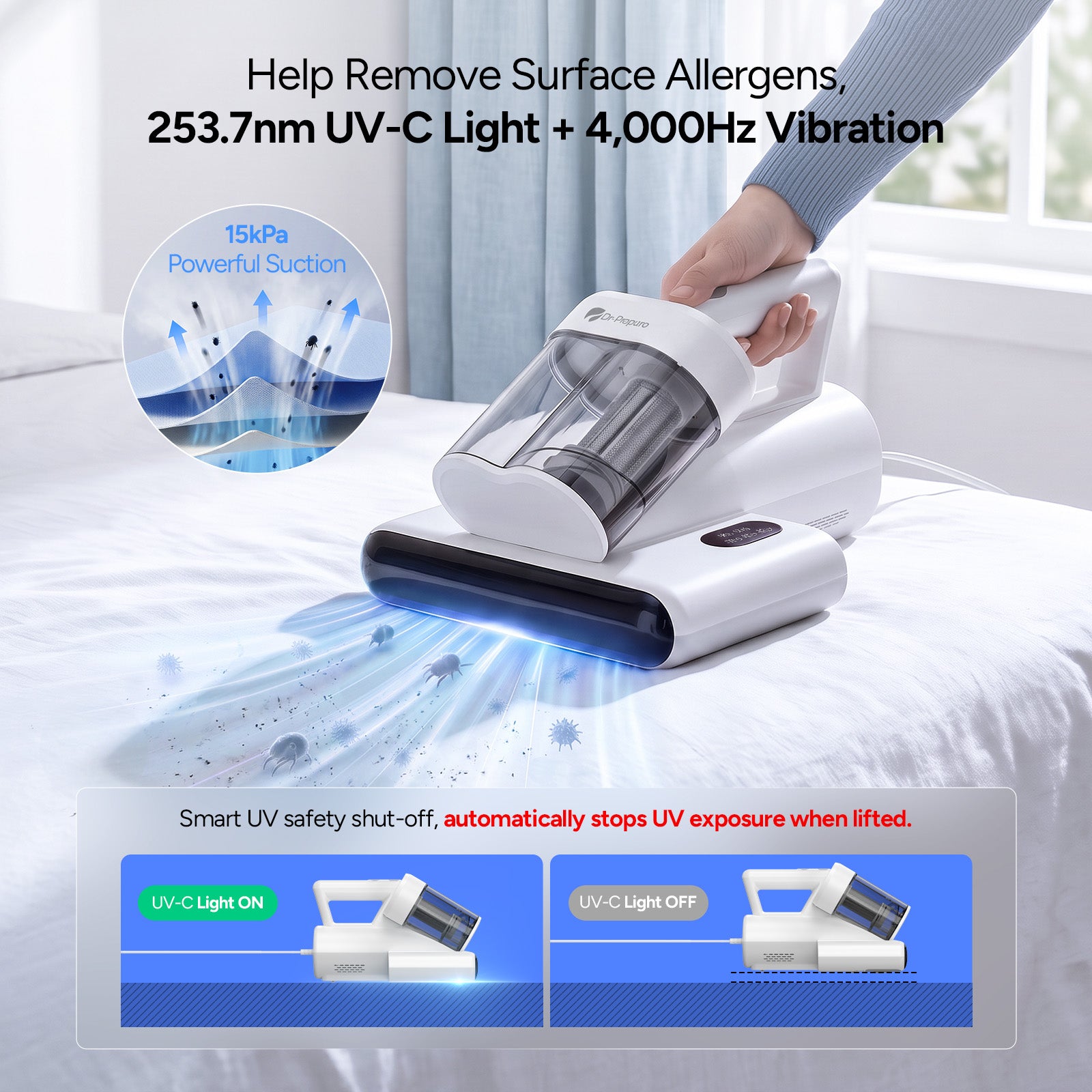 Dr.Prepare Mattress Vacuum, 15kPa Suction, 500WCorded Bed Vacuum, UV-C&Heat