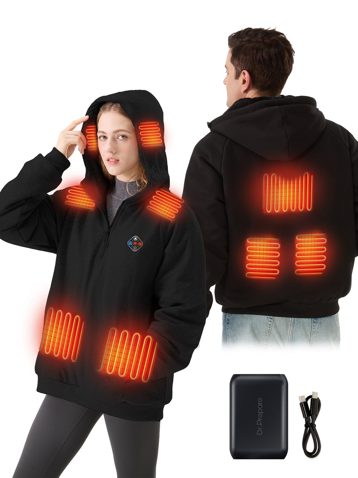 2026 New Upgrade Unisex Heated Hoodie with 16000mAh Power Bank - Black S-2XL