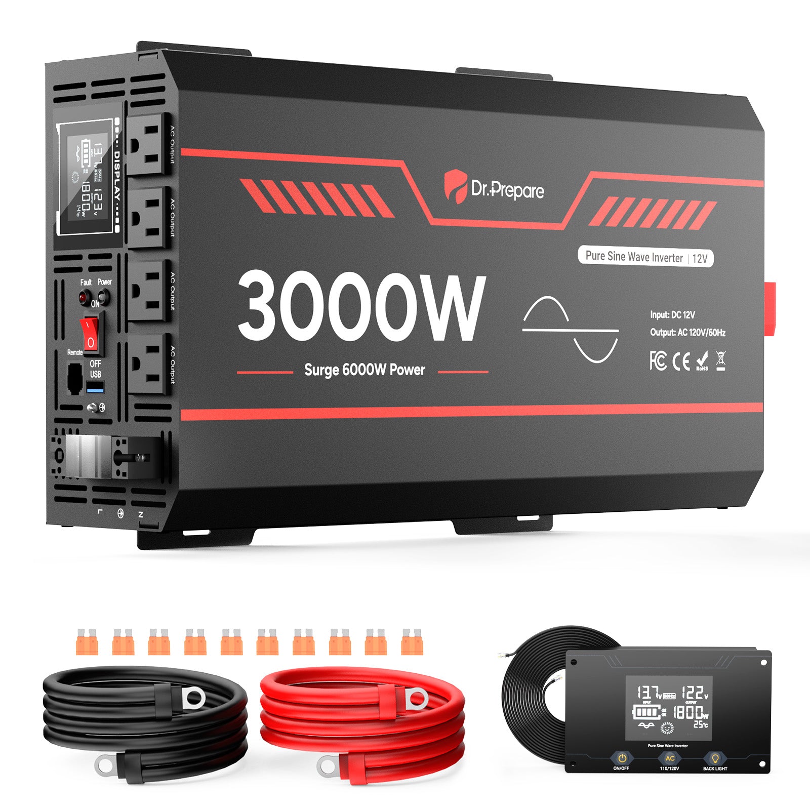 3000W 12V Pure Sine Wave Inverter with LCD Display and Wired Remote Control
