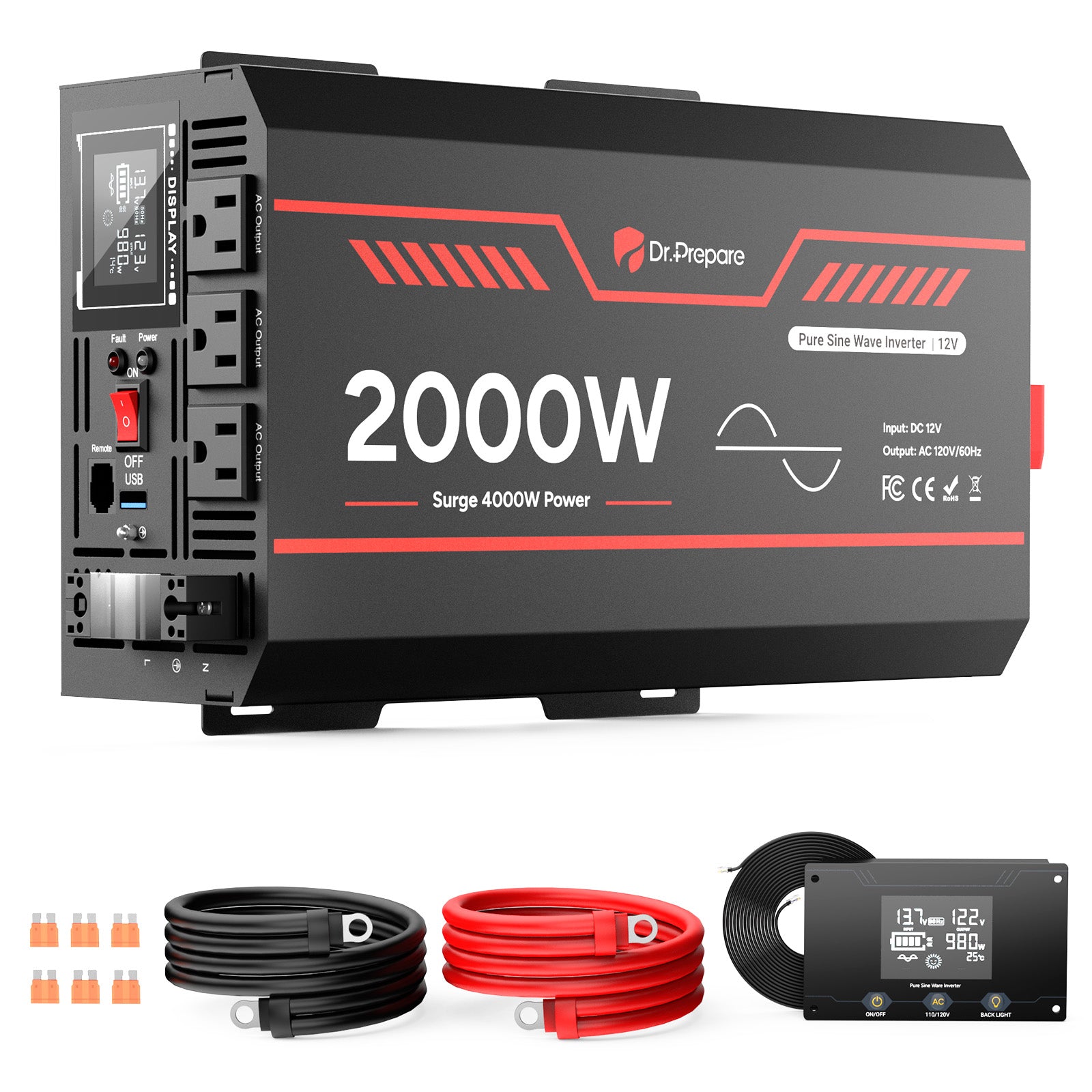 2000W 12V Pure Sine Wave Inverter with LCD Display and Wired Remote Control