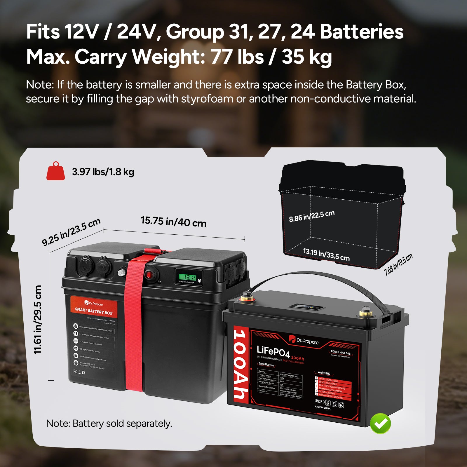 【Back Order 8/31] Smart Battery Box with USB, 12V/24V Cigarette Lighter, and Anderson Ports
