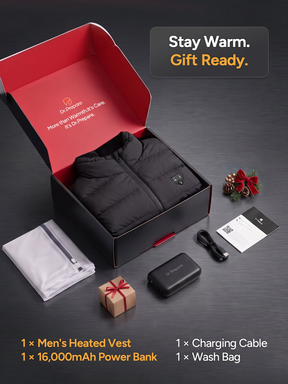 DR.PREPARE Men's Heated Vest with 16000mAh Battery, Lightweight Vest S-2XL