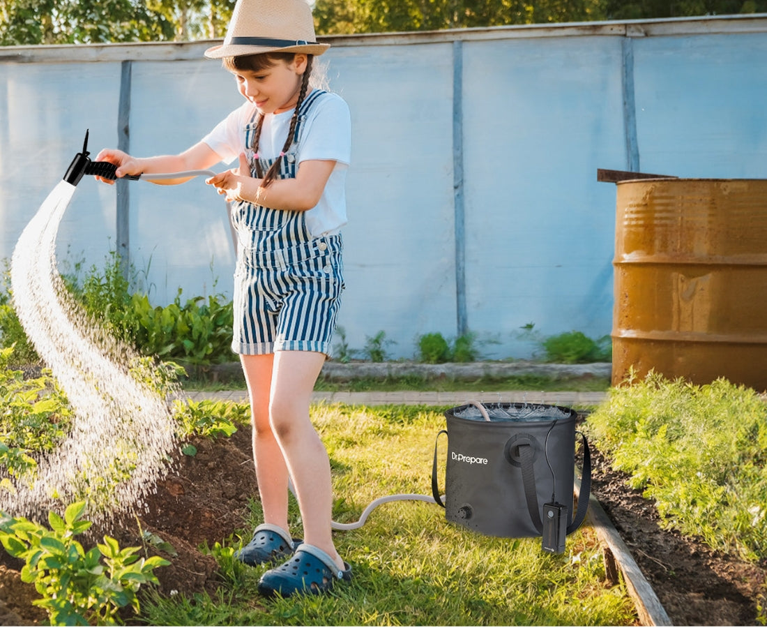 Dr.Prepare camping shower kit designed for outdoor convenience, featuring a portable shower bag, adjustable nozzle, and easy-to-use design for refreshing showers on the go.