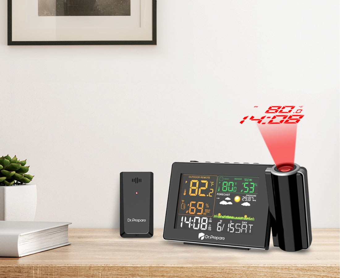 Dr.Prepare projector alarm clock with a clear time display and adjustable projection angle, designed to enhance your bedside experience while providing convenient alarm features.